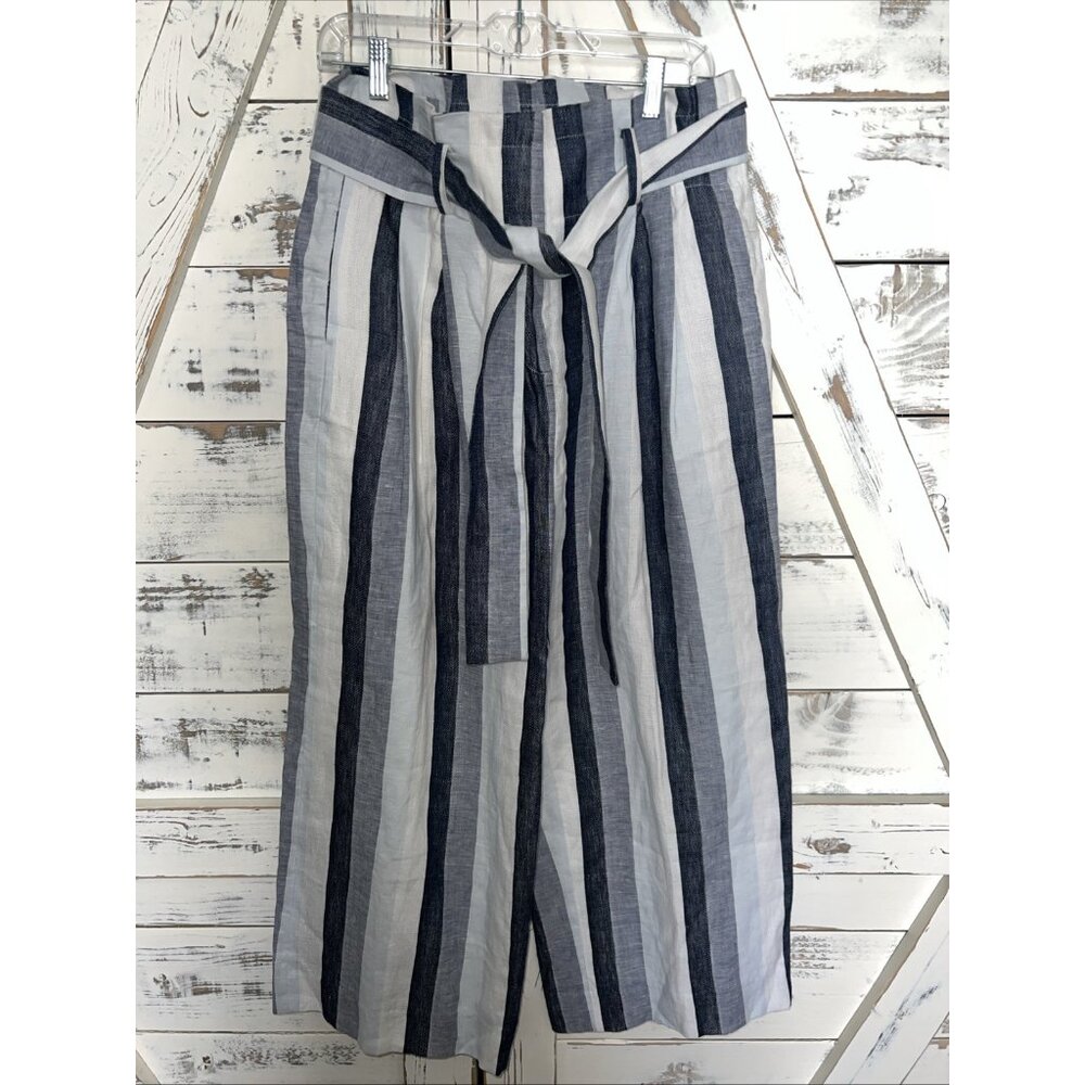 POINT SUR J CREW Womens Wide Leg Pants Paperbag Highrise Stripe Blue  10 Linen